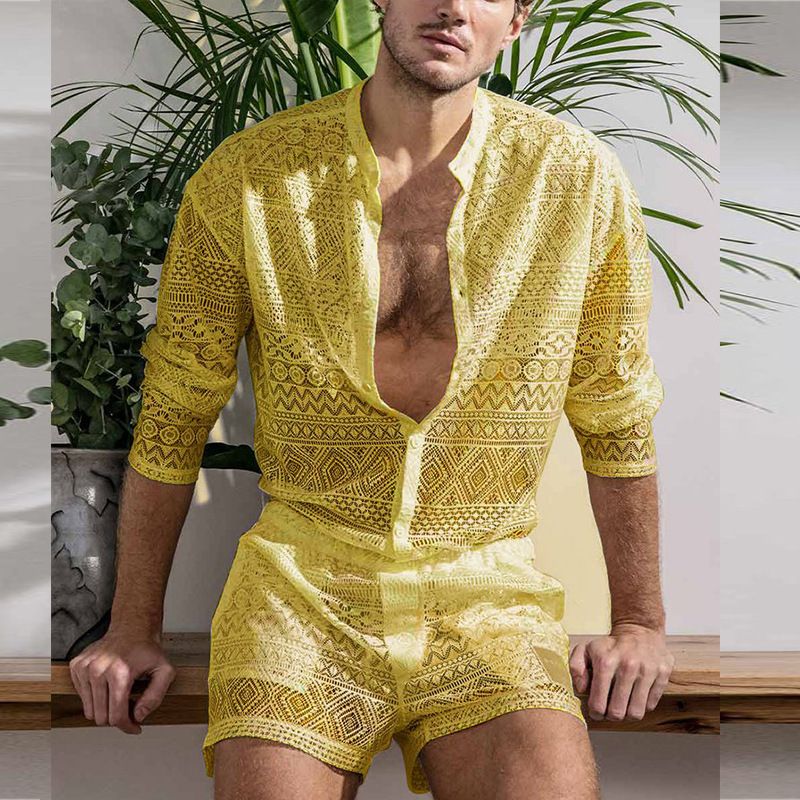Completo da uomo in due pezzi con pantaloncini casual a maniche lunghe in pizzo sexy scavato alla moda_voghion.com