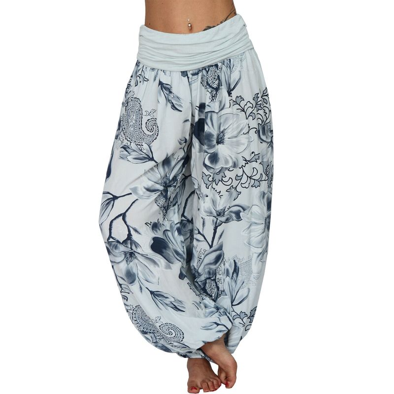 Plus Size Boho Pants, Women's Plus Floral Print Ruched Low Waist Loose Comfy Harem Pants_voghion.com
