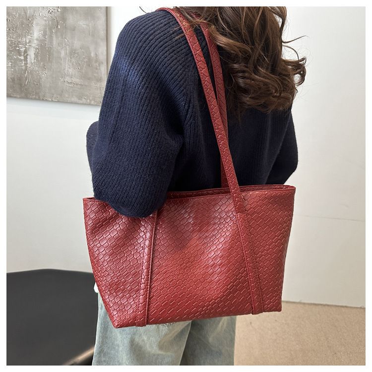 Women's Bags Version Simple Fashion Solid Color Retro Woven Pattern Large Capacity Casual Tote Underarm Shoulder Bag_voghion.com