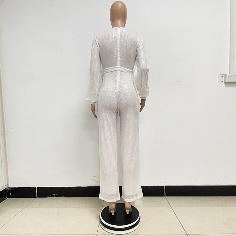 Damkläder Ins Style Deep V Mode Casual Jumpsuit Långärmat Bälte Paljett Jumpsuit Dam_voghion.com