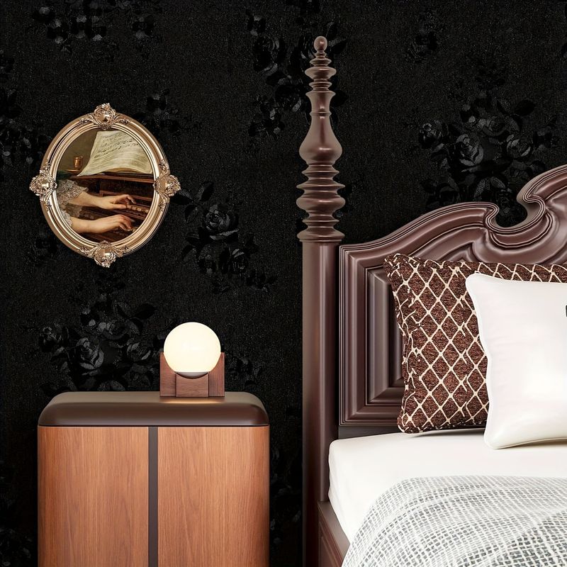 Black Rose Wallpaper Peel And Stick Waterproof Removable Self-Adhesive Embossed Floral Pattern Easy To Install_voghion.com