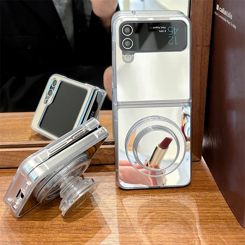 For Samsung Galaxy Z Flip 3 4 5 5G Luxury Mirror Magnetic Circular Stand Phone Case Cover_voghion.com