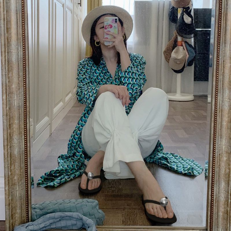 Versione in pelle di pecora ~ Infradito da esterno alla moda in vera pelle con perle in metallo per donna, estive, piatte, da spiaggia, a metà slip_voghion.com