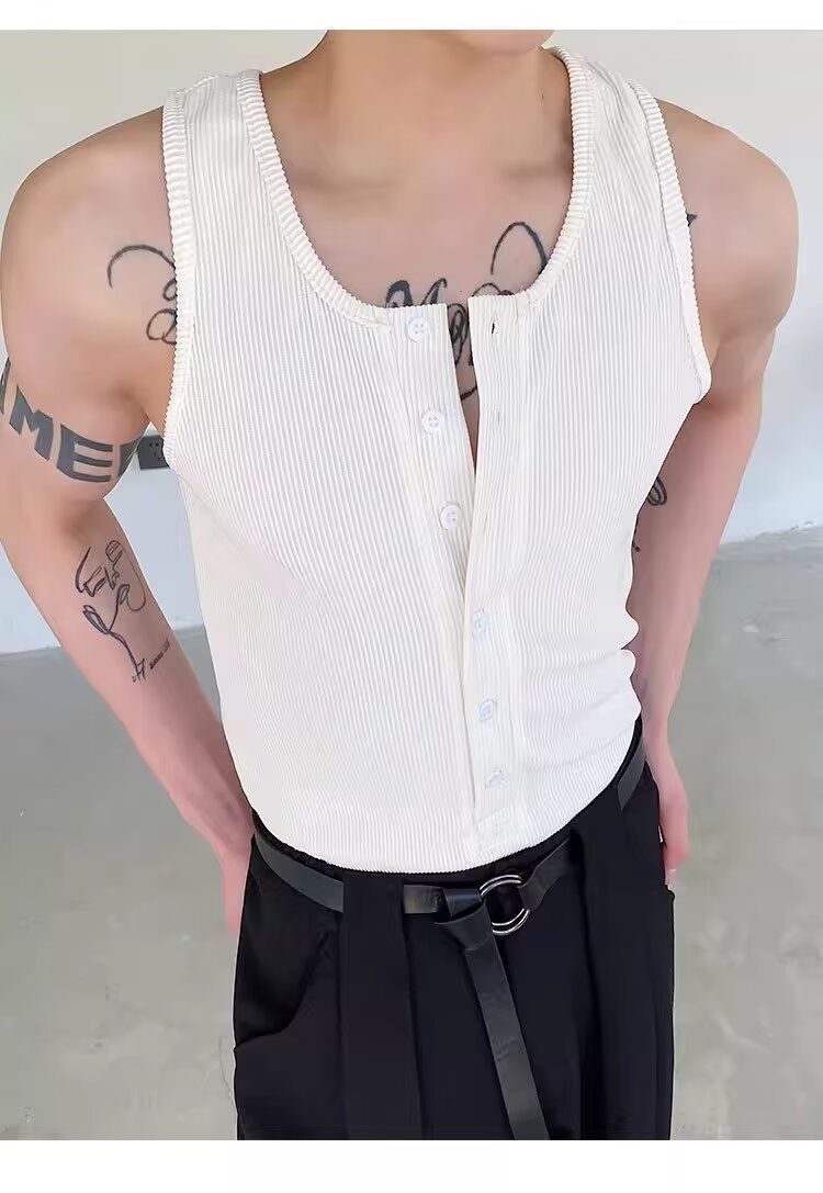 Sommer personalisierte Nische enge elastische Weste für Männer, trendiges einfarbiges Schnallendesign, ärmelloses Leibchen_voghion.com