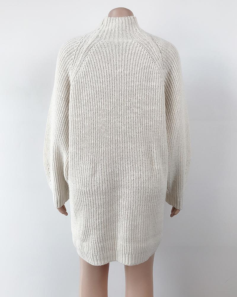 Knitted Sweater Mid-Length Raglan Sleeve Half Turtleneck Sweater Dress_voghion.com
