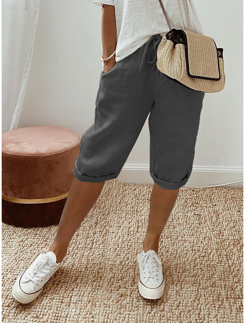 Women's Cotton And Linen Pocket Elastic Casual Pants Women's Pants Shorts_voghion.com