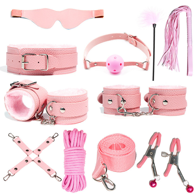Ensemble de Bondage SM en cuir PU, 7 pièces/ensemble, menottes sexuelles, menottes, fouet, corde, bandeau pour les yeux, jeux pour adultes, jouets érotiques pour Couples_voghion.com