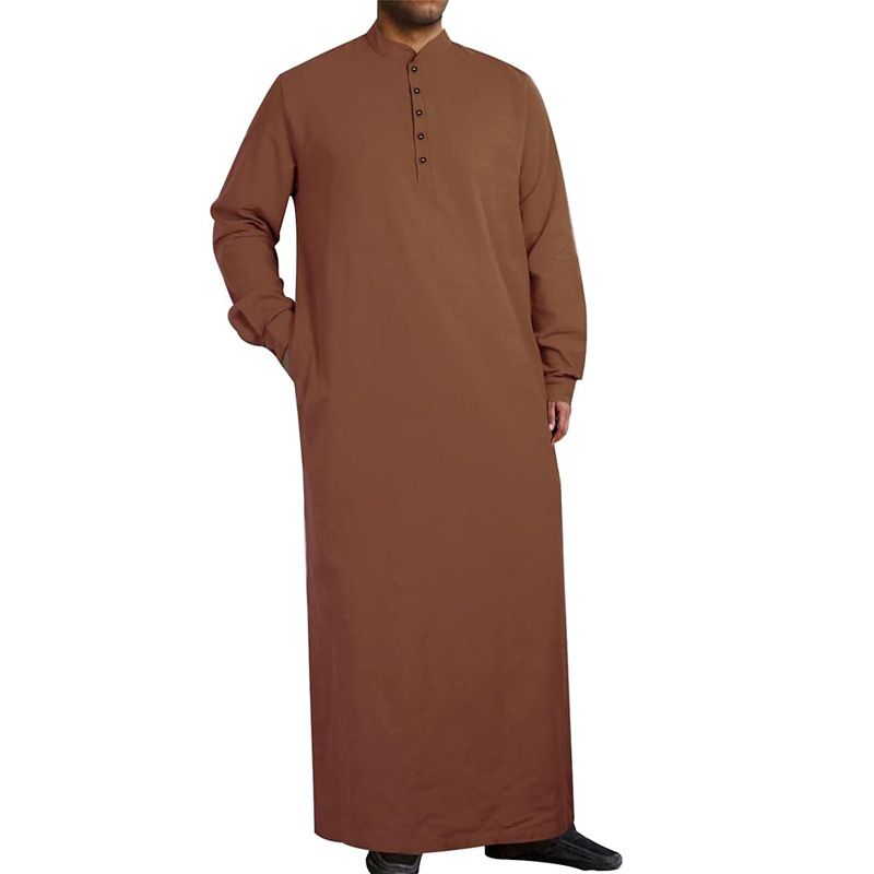 Men's Clothing Simple Cotton And Linen Long Men's Stand Collar Button Muslim Robe With Pockets_voghion.com