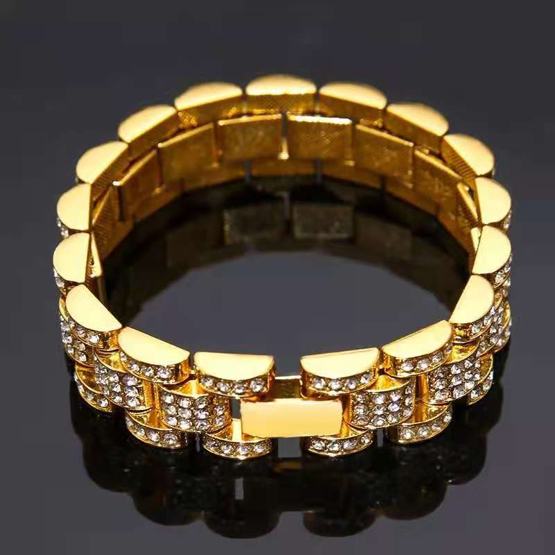 Zegarek na bransoletce dla mężczyzn Iced Out Clock Hip Hop Duży łańcuch Złoty zegarek na rękę Rhinestone Bling Męski zestaw prezentowy Religio Masculino_voghion.com