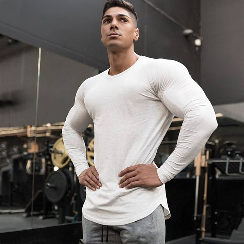T-shirt à manches longues pour hommes, coupe cintrée, sport décontracté, col rond, pull à fond rond, couleur unie, chemise de base, vêtements d'entraînement_voghion.com