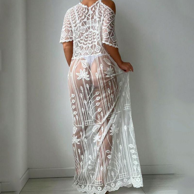 Lace Beach Cover-Up Dress – Floral Embroidery Maxi Dress (One Size, Sheer Mesh, Bikini Wrap, Resort Wear, Bohemian Chic, Swimwear Cover)_voghion.com