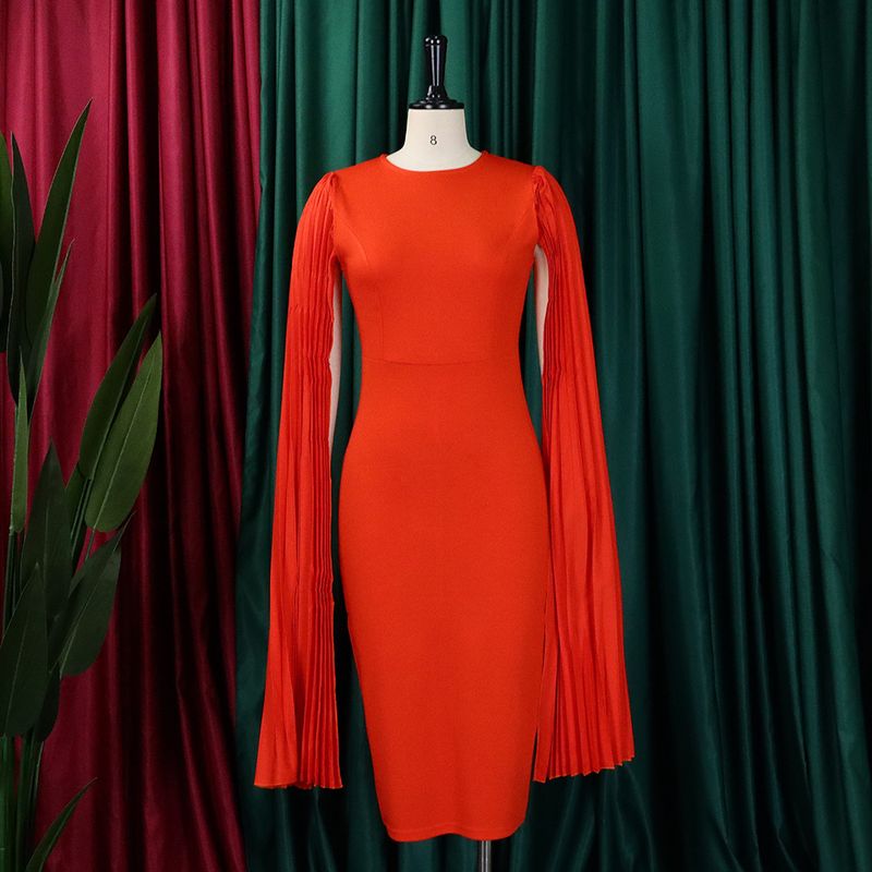 Plus Size Women's Spring Pleated Round Neck Elegant Solid Color Bodycon Dress_voghion.com