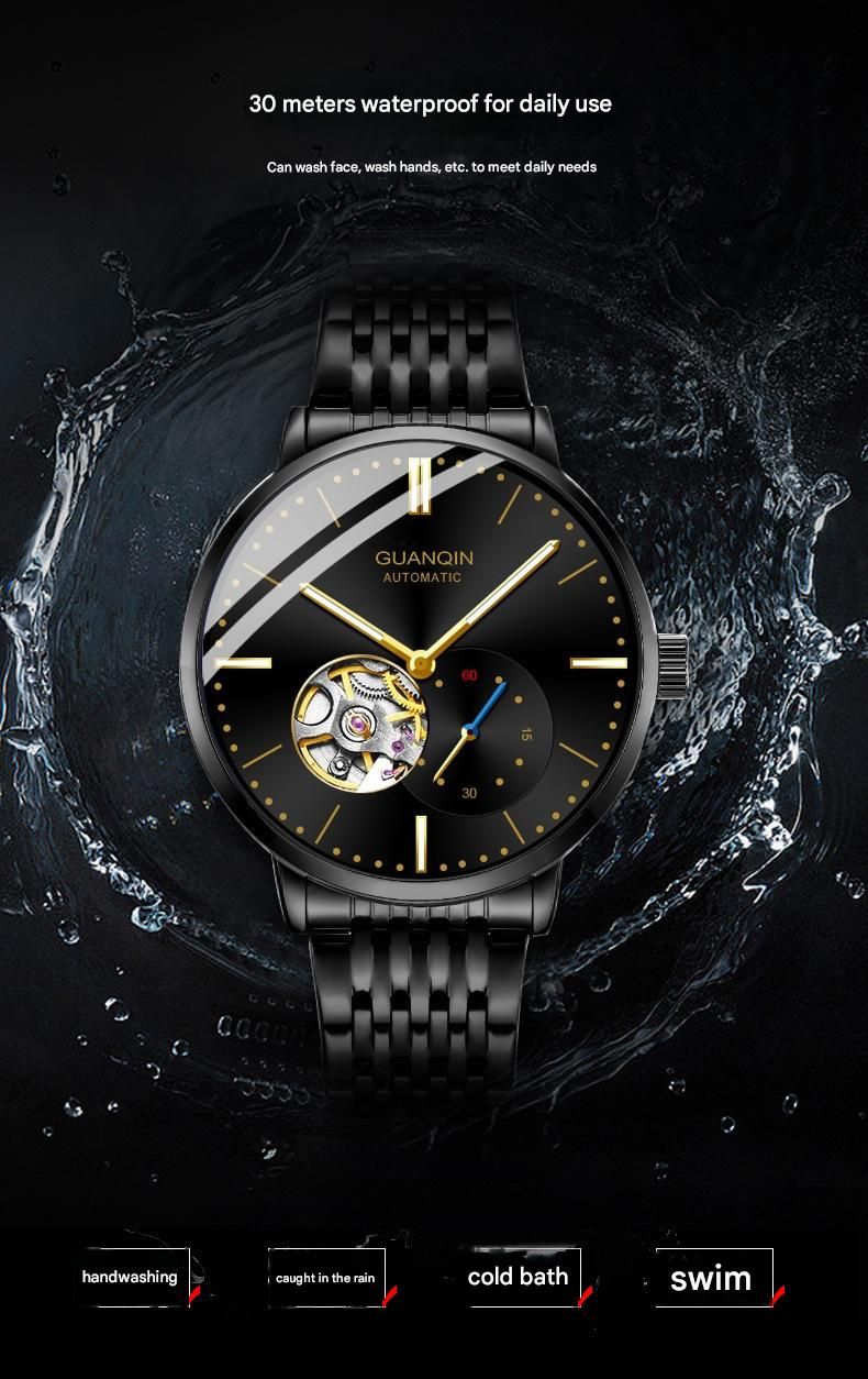 Orologio da polso da uomo GUANQIN con scheletro automatico, meccanico, luminoso, in acciaio inossidabile, stile vintage, con zaffiro, impermeabile_voghion.com