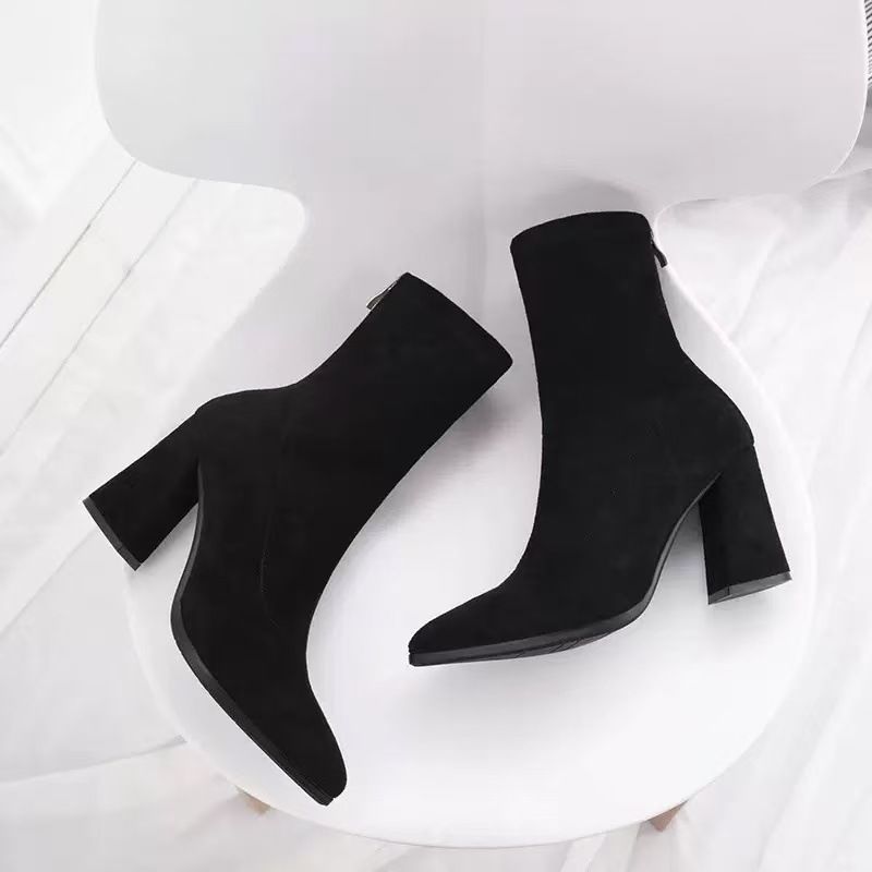 2025 Autumn Winter New Thick Pointed Toe Suede Short Women High Heel Stretch Slim Fashion Boots_voghion.com