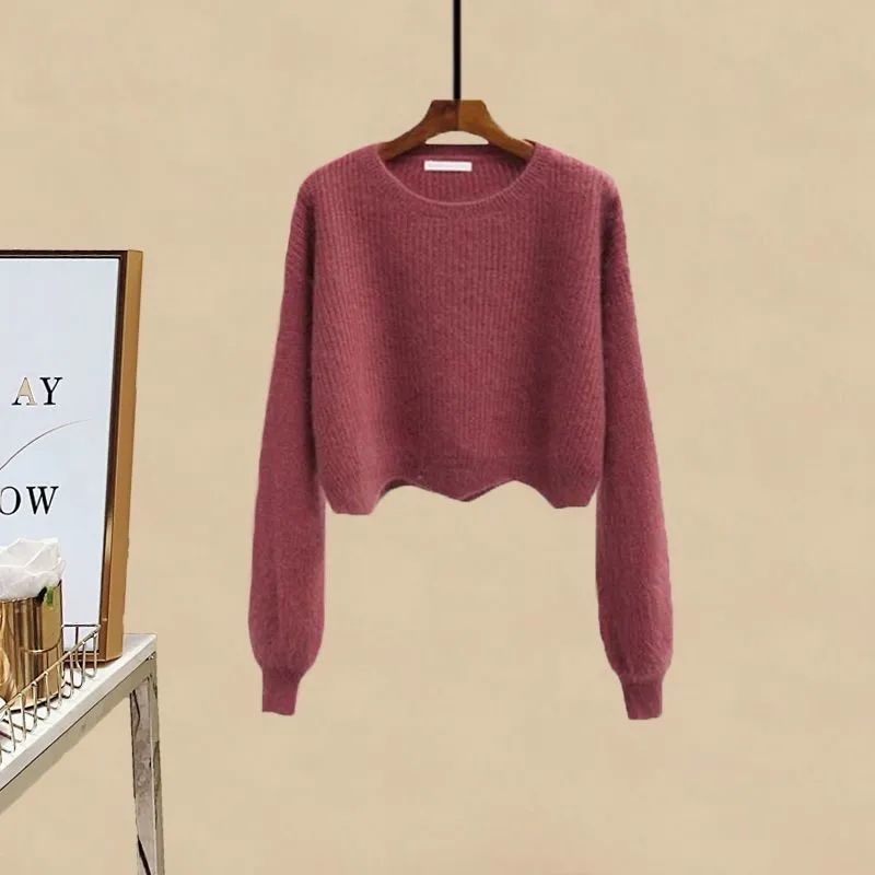 Women's Clothing Plus Size Autumn Suits Age Reducing Wavy Edge Short Sweater Slim Skirt Two Piece Suit_voghion.com