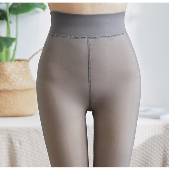 K Plus Size Thermal Leggings With Faux Sheer Look For Women; Grey Opaque Tights With Thickening Effect_voghion.com