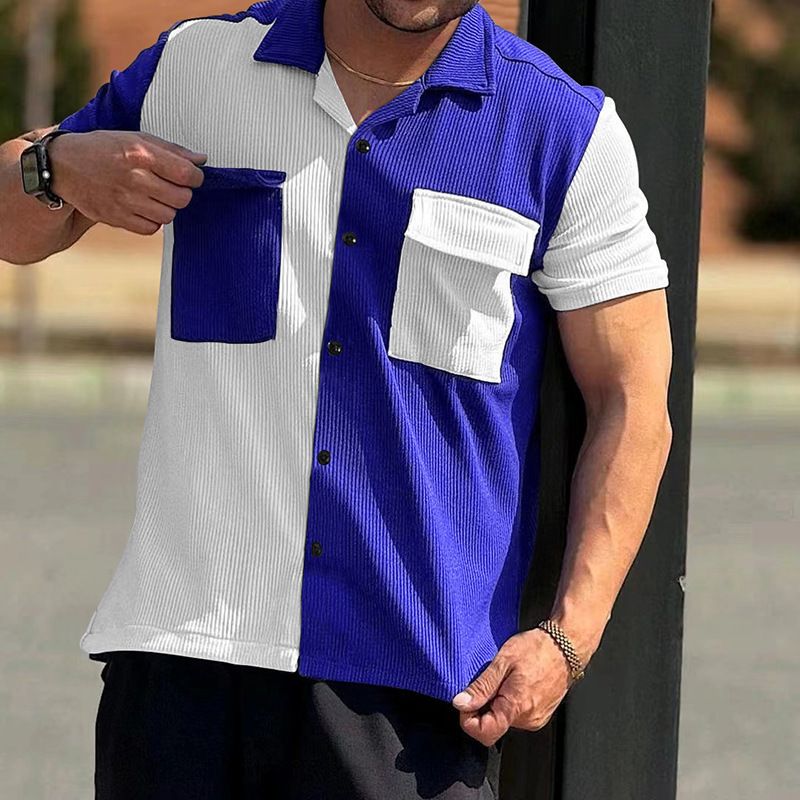 2024 Sommer Neue Herren Farbblock Ärmel Atmungsaktiv Freizeit Strand Hemd Kurze Taste Strickjacke_voghion.com