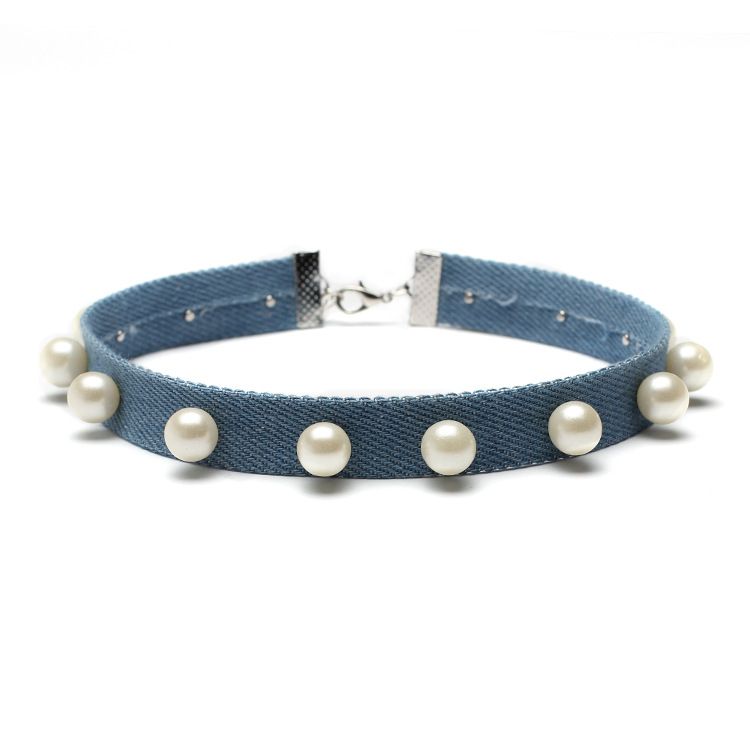 2019 Europäisch-Amerikanisches Short-Set für Damen: Perlenanhänger, Denim-Choker, Halskette – frisch und süß_voghion.com