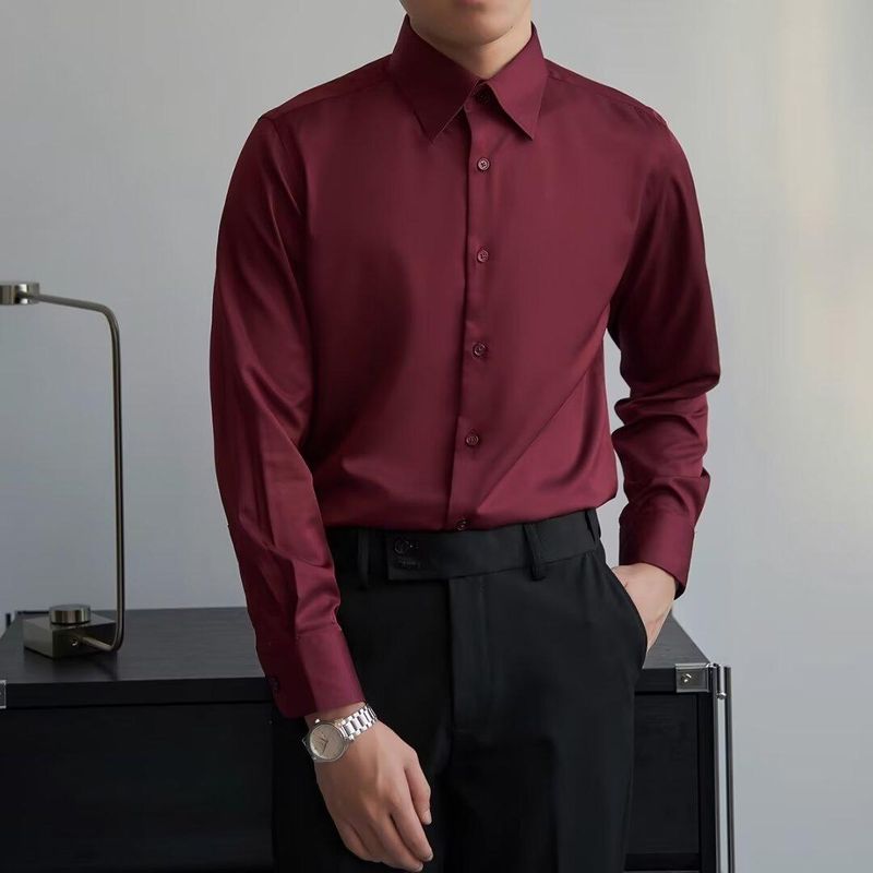 Autumn Black Long Sleeved Slim Fit Korean Version Business Formal Wear Men's Wine Red Wedding Shirt Elastic No Ironing_voghion.com