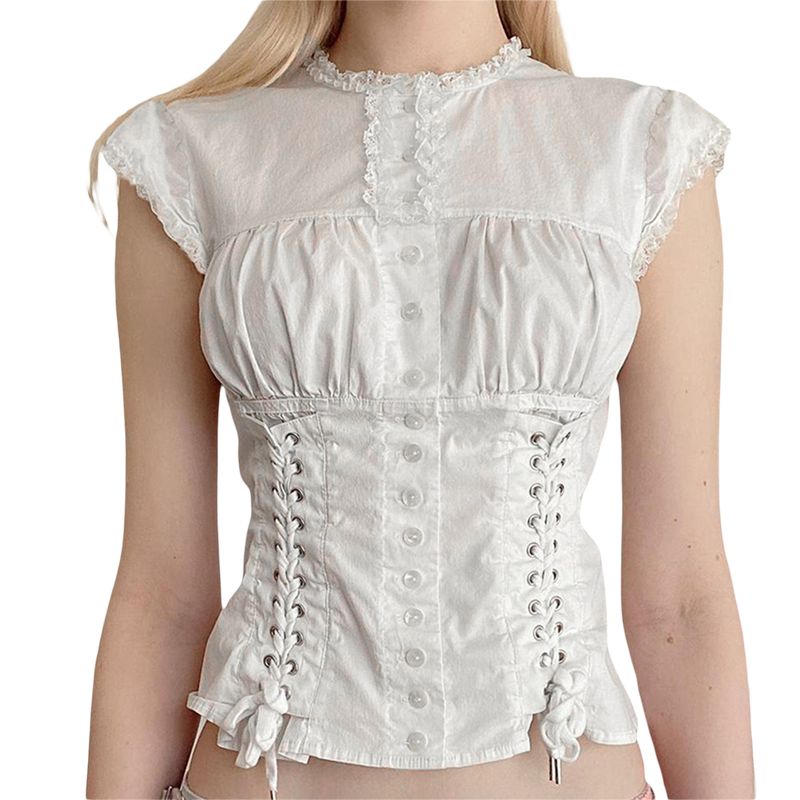 hot selling Women's Button Down T-Shirts Cap Sleeve Crew Neck Cross Tie-up Front Lace Trim Tops_voghion.com