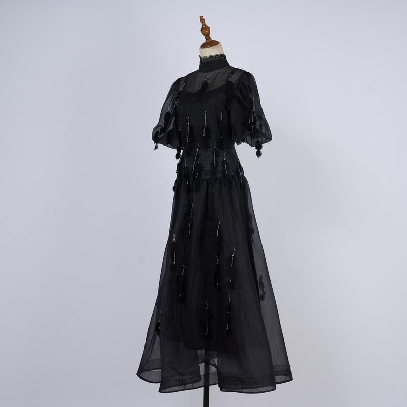 Women's Clothing Celebrity Lace Stand Up Collar Solid Color Top High Waist Swing Skirt With Suspenders Three Piece Set_voghion.com