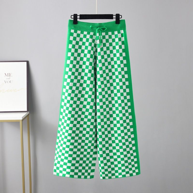 autumn and winter new lace-up knitted pants plaid pants casual all-match wide-leg pants drape trousers women_voghion.com