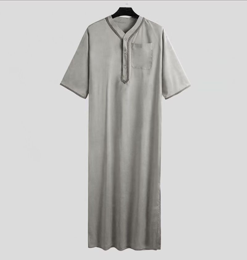 2025 Muslim Men Jubba Thobe Fixed Button Kimono Middle Robe Saudi Muslim Man Shirt Stand Collar Islamic Arab Kaftan Men Abayas_voghion.com