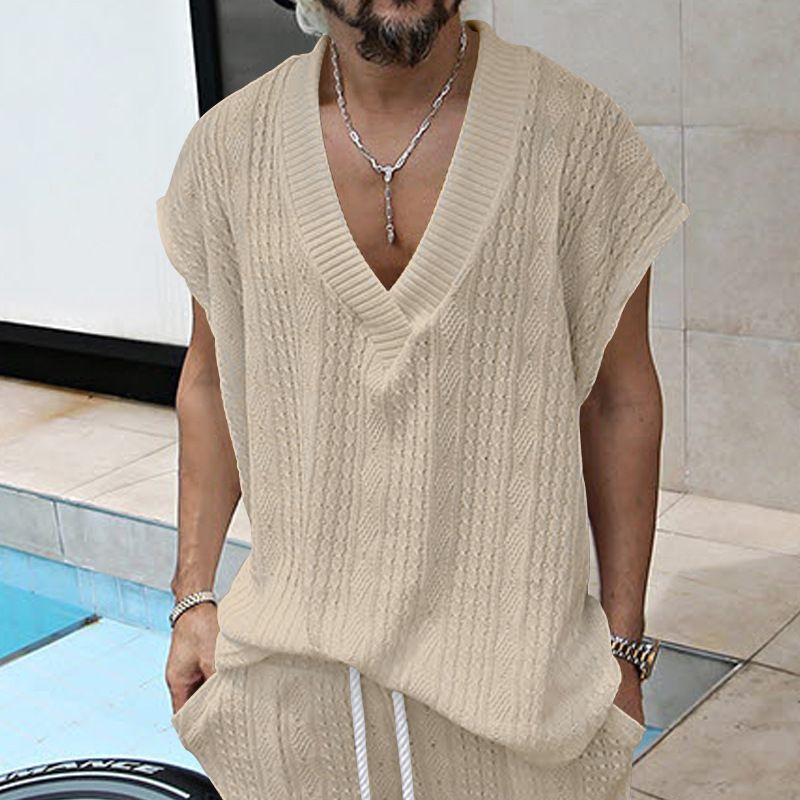 Gilet en tricot jacquard ample à col en V pour hommes, nouvelle collection d'été, surdimensionné et décontracté_voghion.com