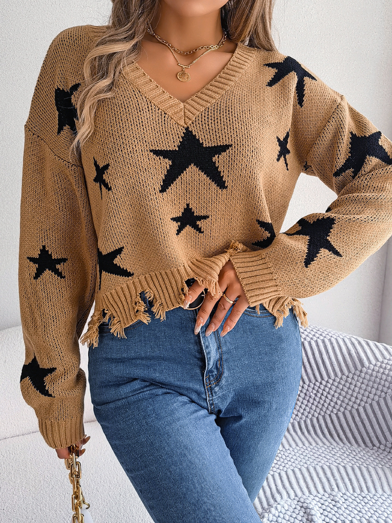 Damenbekleidung Stil Herbst und Winter Lässiger V-Ausschnitt Star Cut Langarm Strickpullover Damenbekleidung_voghion.com