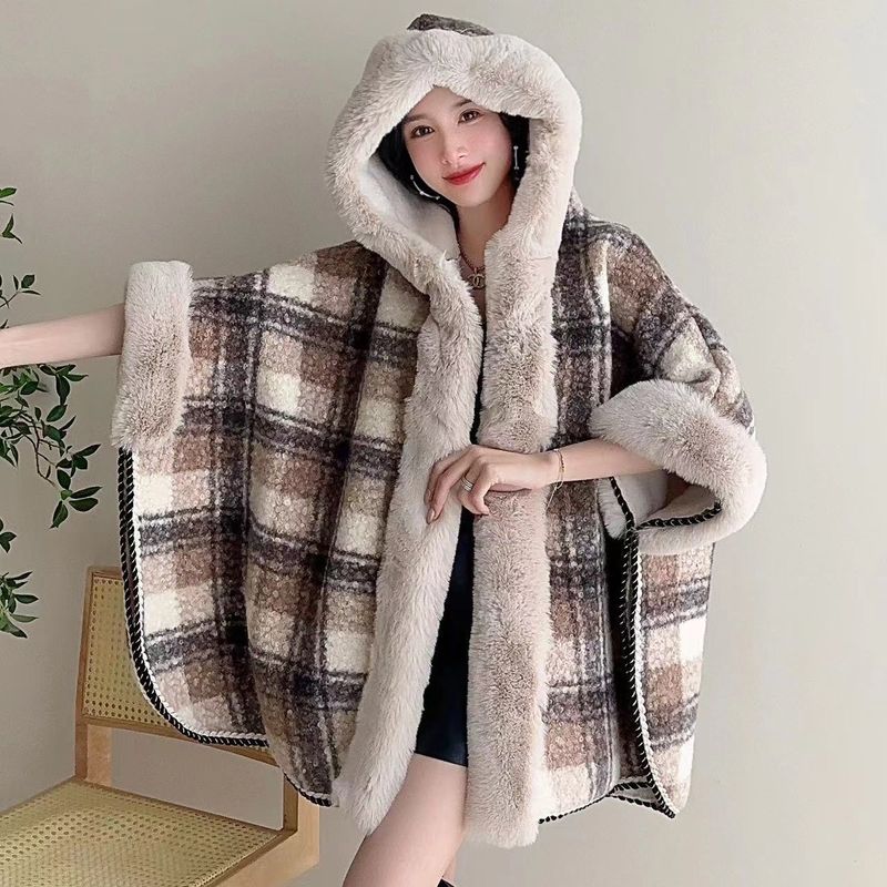 Women's Clothing Plaid Fleece-Lined Hooded Cape Poncho Coat - Warm Winter Oversized Open Front Cardigan With Faux Fur Trim (Multiple Colors Available)_voghion.com