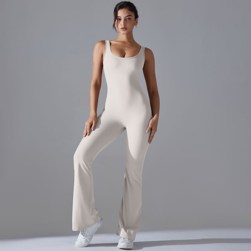 Neuer, einfarbiger, hüfthebender, langer, schmal geschnittener Jumpsuit mit weitem Bein für Sport, Laufen, Fitness und Yoga_voghion.com