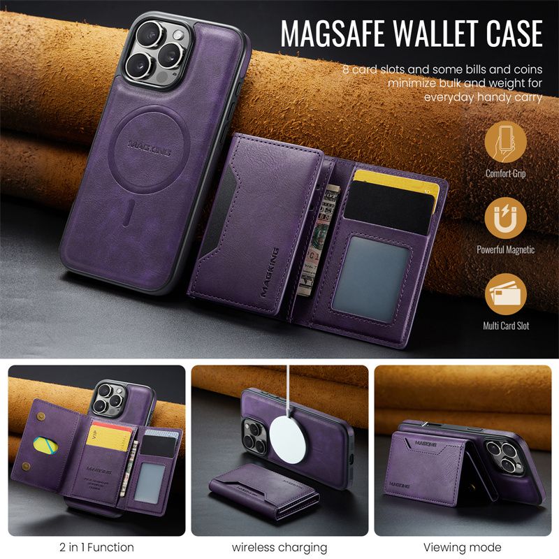 2 In 1 Wallet Card Case For Iphone 16 Pro Max 16E 15 Plus 14 13 12 Magnetic Wireless Charging Leather Phone Back_voghion.com
