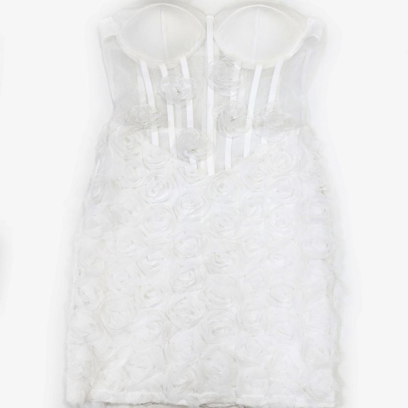 Abito aderente senza spalline da donna, sexy, in rete trasparente con applicazioni floreali 3D_voghion.com