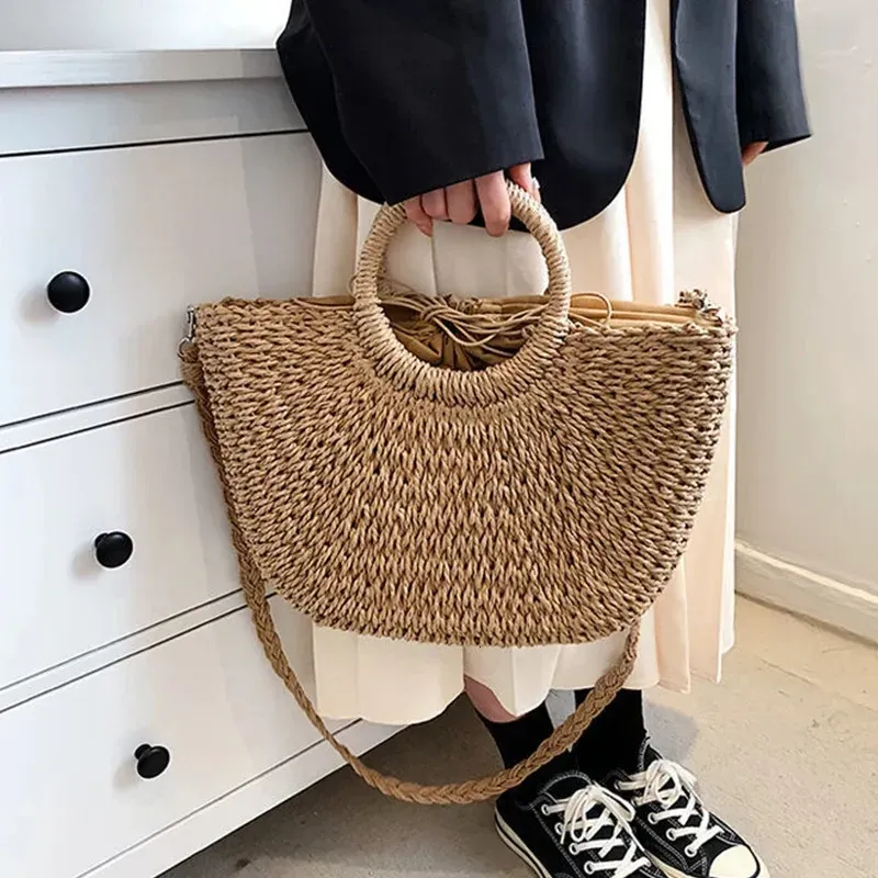 Strohgewebte Handtaschen für Frauen, handgefertigt, für Reisen, Strandtasche, Sommergriff, Eimer, Einkaufskorb, 250225l_voghion.com