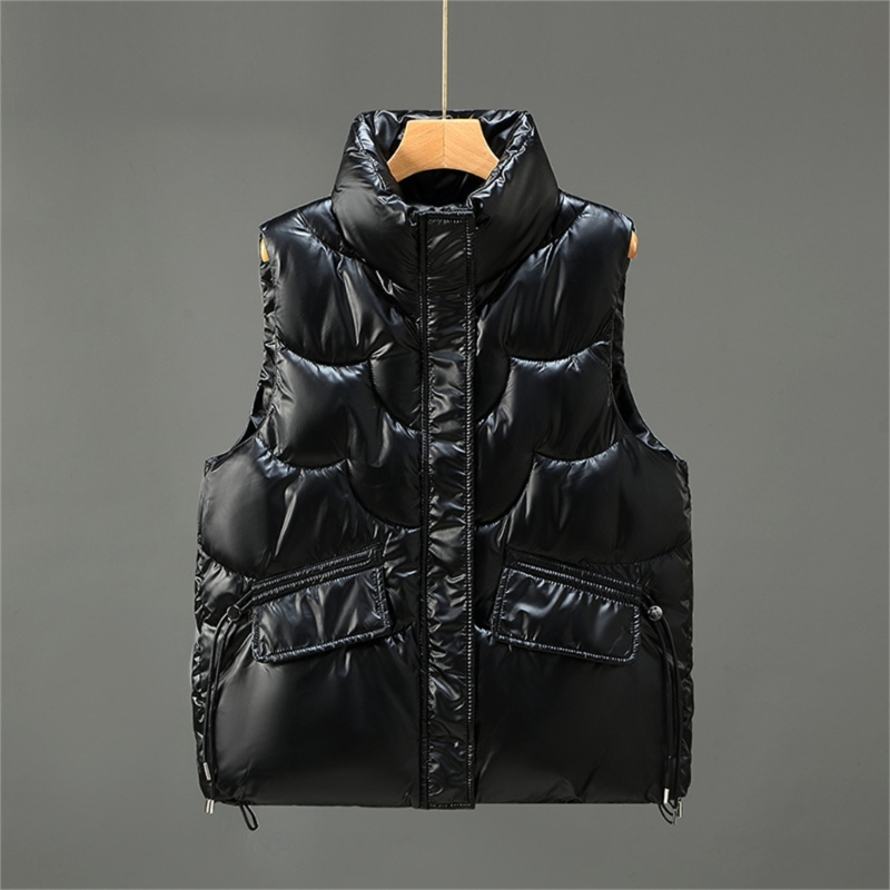 Womens Sleeveless Warm Puffer Vest Outerwear Stand Collar Zipper Up Shiny Solid Padded Gilet Waistcoat with Pockets D10_voghion.com