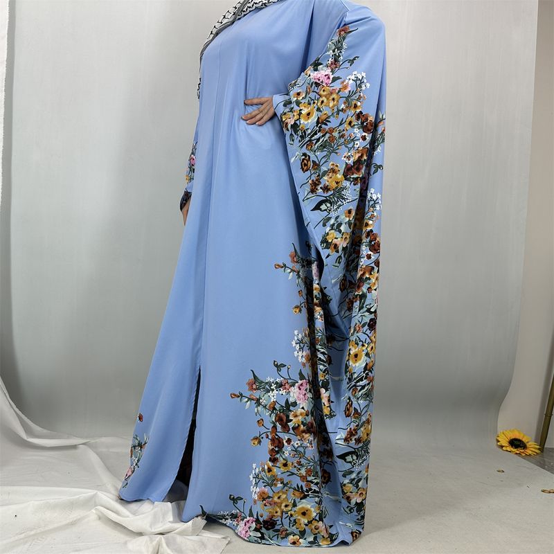 Hot Seller Vleermuismouwen Vlinder Abaya Femme Bloemenprint Kebaya Middenzoom Split Kaftan Jurken Voor Eid Marokkaanse Kaftan Maxi_voghion.com