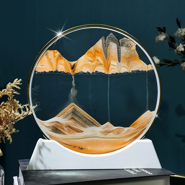 Luxury Round 3D Ornament Gold Ultra-Thin Frame Landscape Flowing Sand Creative Gift Hourglass Art Craft_voghion.com