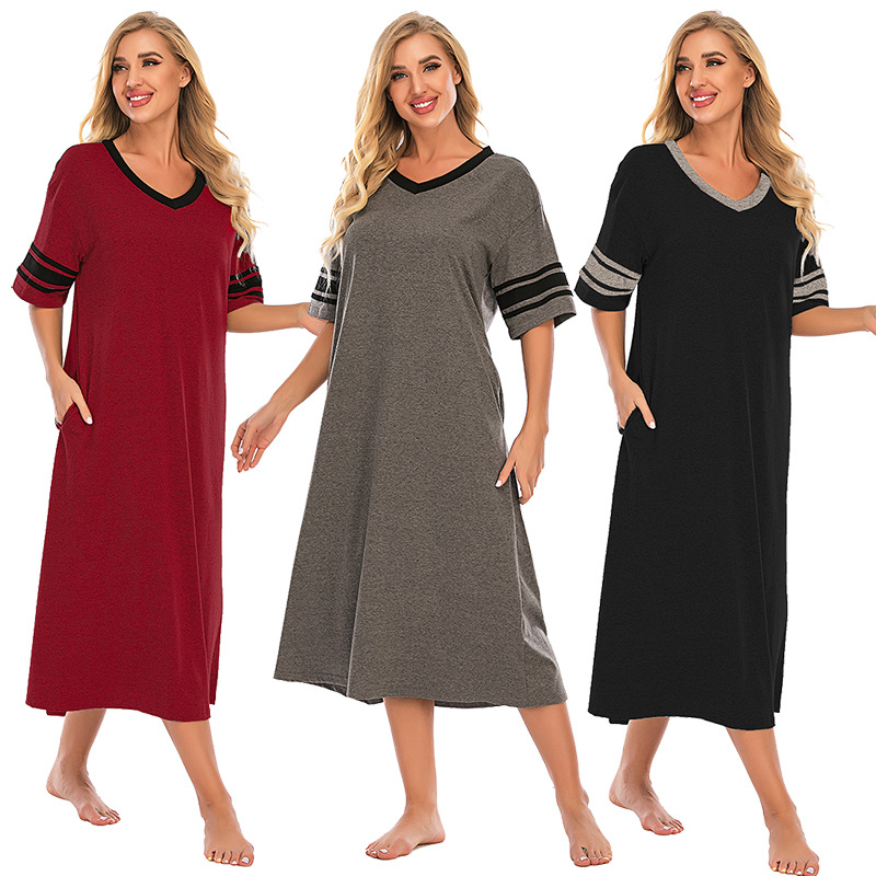 Abbigliamento da donna Nuovo Comodo Scollo a V Largo Contrasto Colore Cotone Maniche corte Casa Vestiti All'ingrosso_voghion.com