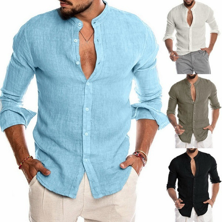 Herren Hot Style Herbst und Winter V-Ausschnitt Leinen Neue Strickjacke Stehkragen Langarm Herrenhemd_voghion.com