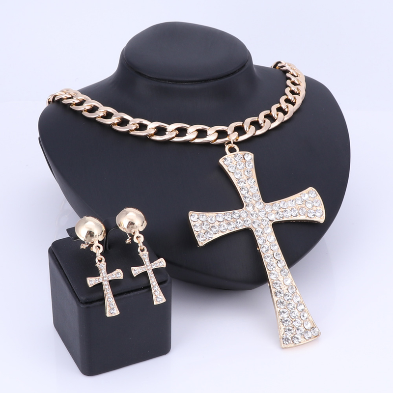 Ethiopian Cross Jewelry Set Crystal Rhinestone Necklace Earrings Africa Wedding Gifts Jewellery_voghion.com