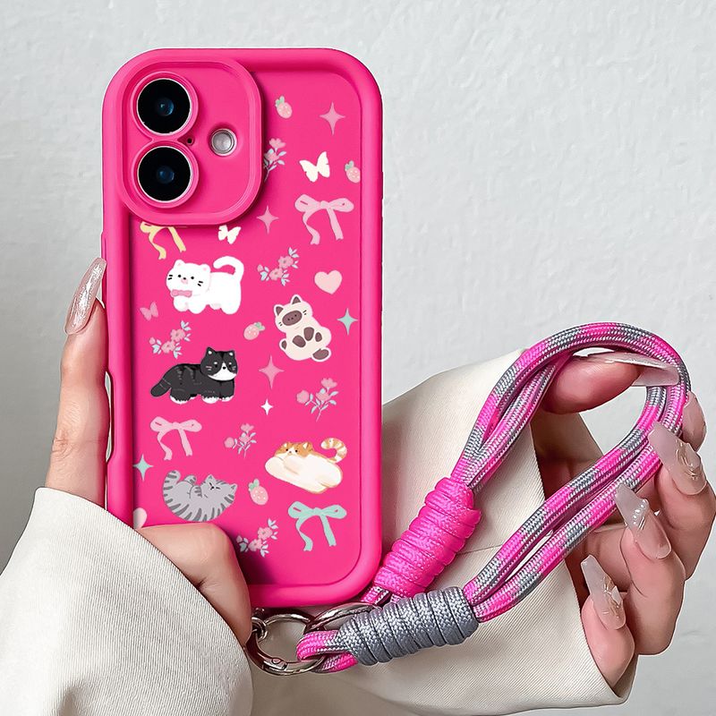Pouzdro na telefon s řetízkem na zápěstí pro iPhone 16 Pro Max Plus s kreslenou kočkou a růžovou mašlí, měkké TPU poutko na zápěstí, nárazuvzdorné zadní kryty_voghion.com
