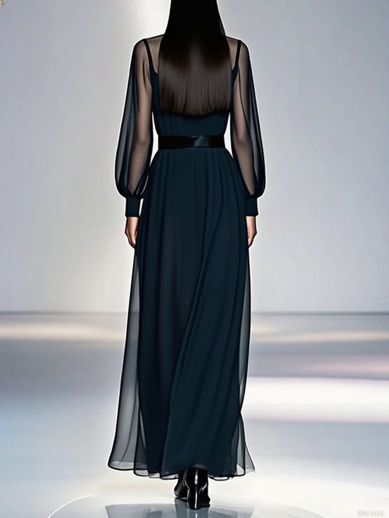 Completo due pezzi in rete nera – Elegante abito lungo a vita alta con maniche lunghe e rivestimento trasparente (nero senza tempo, versatilità dall'ufficio al cocktail)_voghion.com