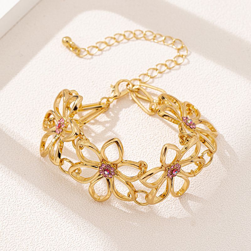 Bracciale da donna con diamanti incastonati, in metallo, con fiore cavo, semplice e alla moda, 1 pezzo_voghion.com