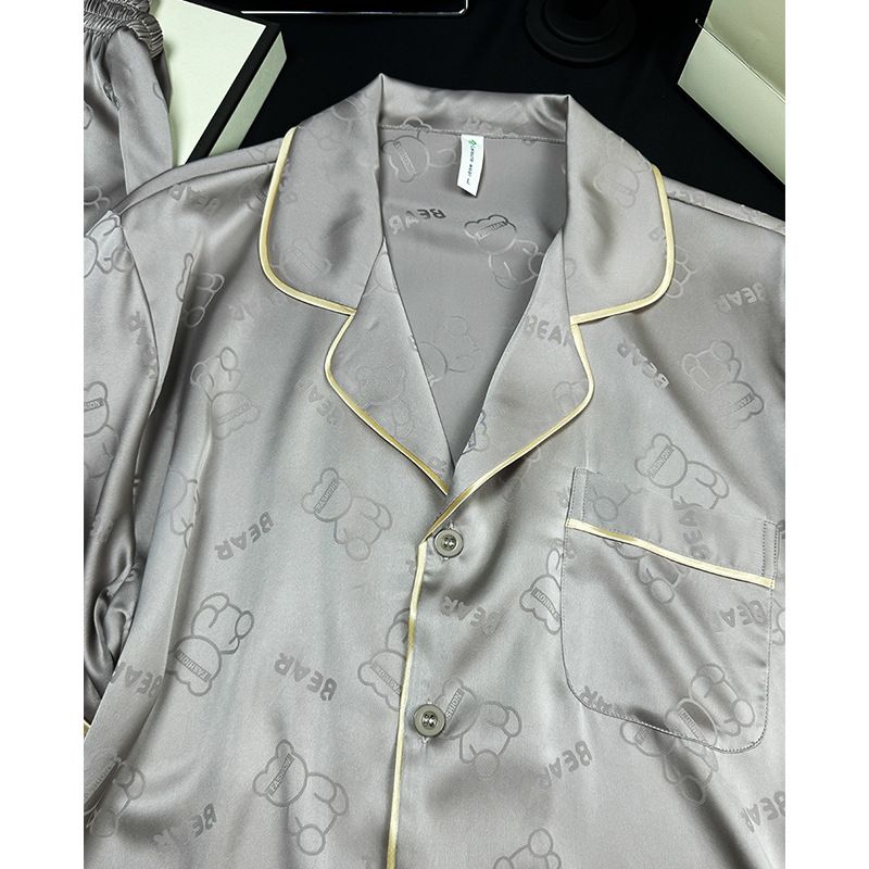 Dreiteiliges Schlafanzugset für Herren, leichter Luxus-Pyjama für Paare aus Seide, kurzärmelig, für Frühling und Herbst, bequeme Heimkleidung, kann draußen getragen werden_voghion.com