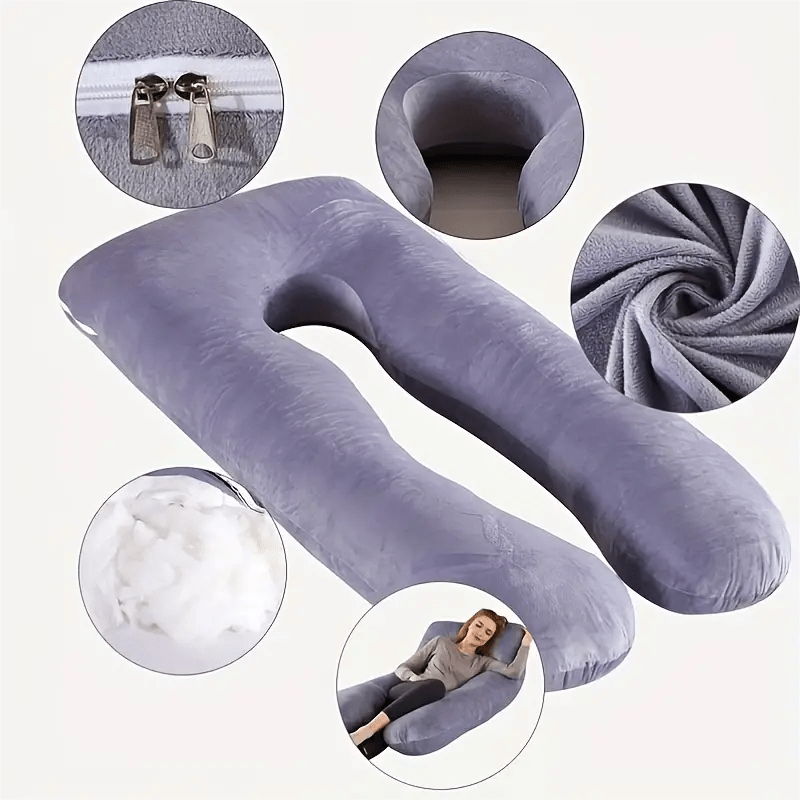 U-Shaped Maternity Pillow With Removable Cover - Full-Body Support For Side Sleeping, Dark Blue Polyester Fiber, Ergonomic Design For Pregnant Women_voghion.com