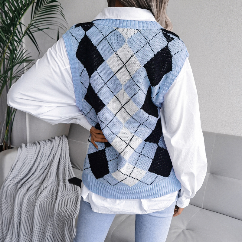 Vêtements pour femmes automne et hiver style collégial losange col en v décontracté gilet tricoté ample pull vêtements pour femmes_voghion.com