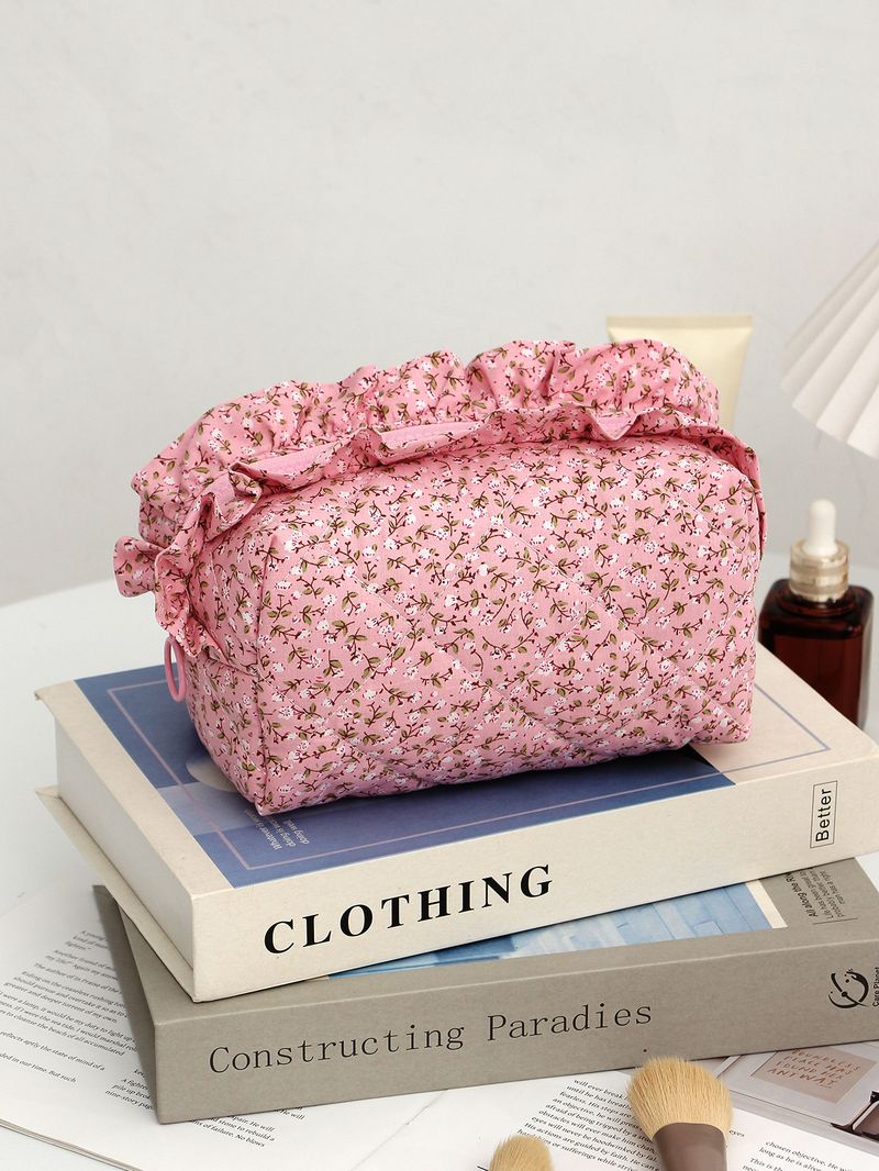 Bow Cherry Kosmetiktasche aus Stoff, große Kapazität, gesteppt, Aufbewahrungstasche für Hautpflegeprodukte, tragbare Reisetasche_voghion.com