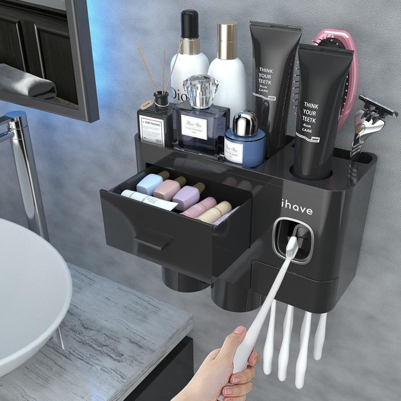 iHave Badezimmer-Zahnbürstenhalter – 2 Becher, Wandmontage, Zahnpastaspender, Kosmetikablage EU_voghion.com