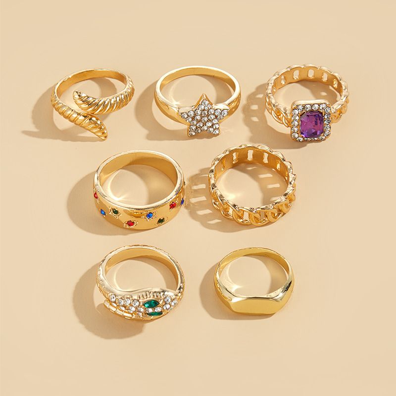 Unique Alloy 7-Piece Star Niche Layered Wear Set Metal Exaggerated Open Ring For Women_voghion.com