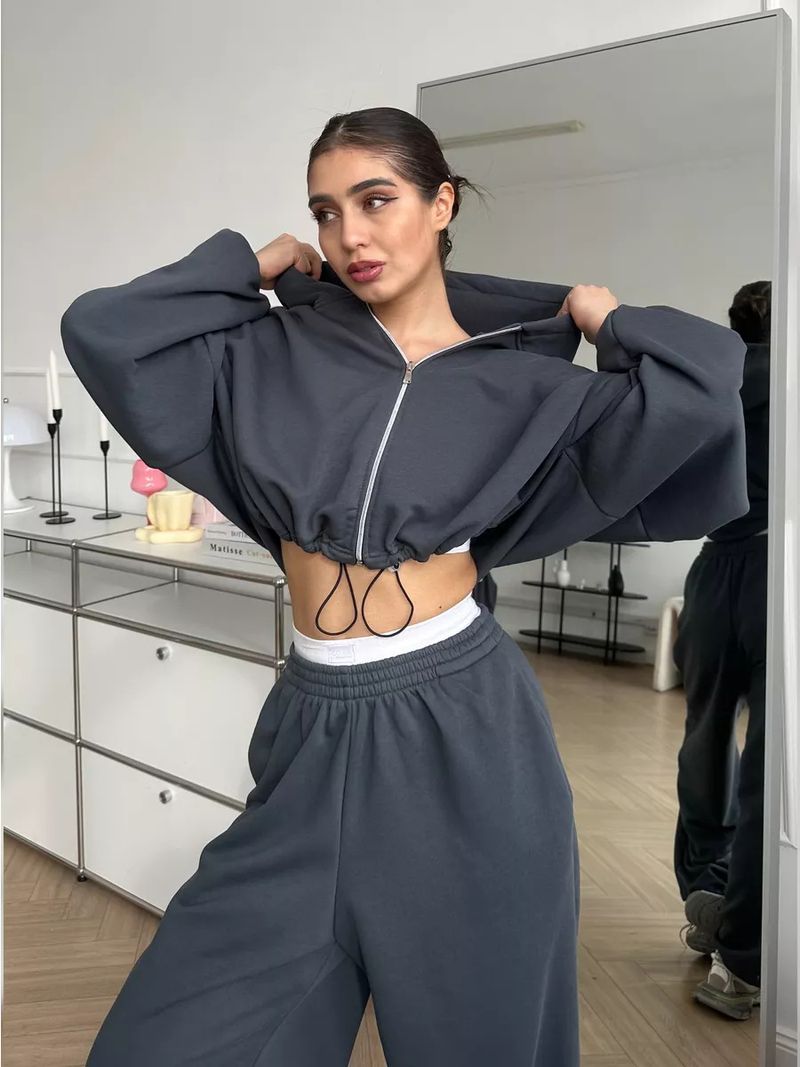 Women's Casual Suit Solid Color Long Sleeved Zipper Cardigan Drawstring Hooded Sweatshirt Sports Elastic Pants Two-piece_voghion.com